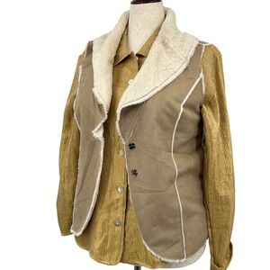 Olive & Oak Faux Suede Sherpa Lined Vest Wms L Tan Snap Front Cowgirlcore